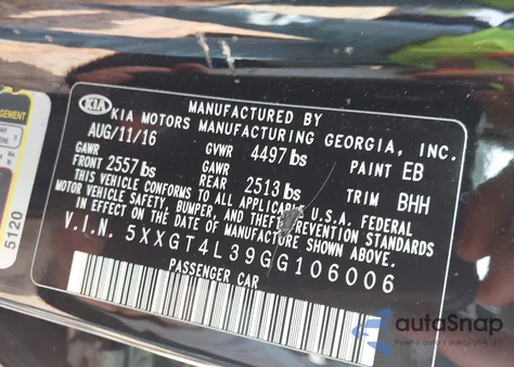 2016 Kia Optima Lx from USA, damaged, VIN 5XXGT4L39GG106006